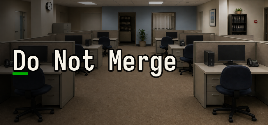Do Not Merge — 深夜办公室，ThinkPad 终端闪烁着绿色文字